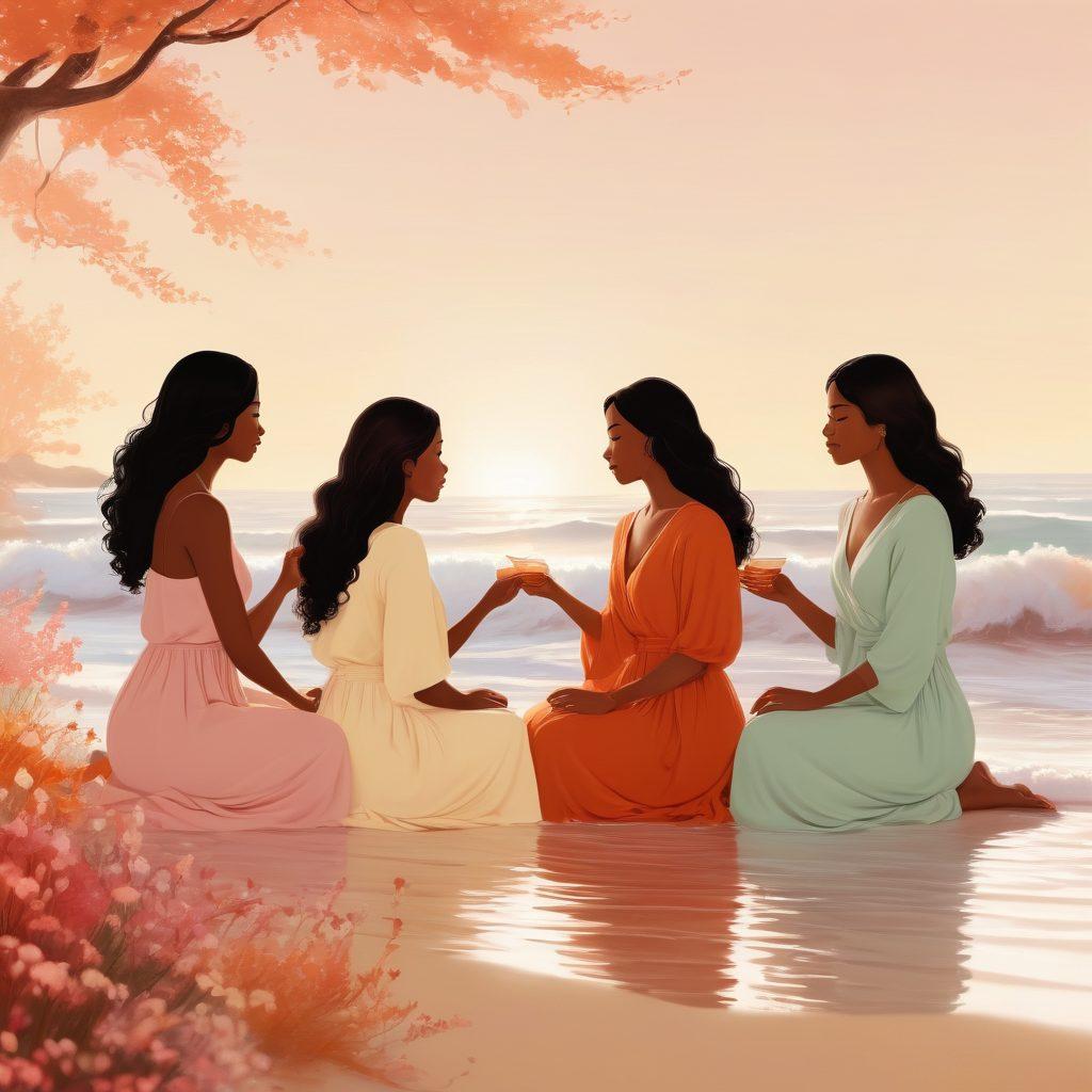 An artistic representation of a tranquil and intimate setting, featuring a diverse group of women of various ethnicities sharing their experiences and insights. Soft ambient lighting enhances the atmosphere, with elements symbolizing desire, such as blooming flowers and gentle waves. The backdrop conveys a sense of empowerment and exploration of female pleasure. whimsical illustration. warm colors. serene background.